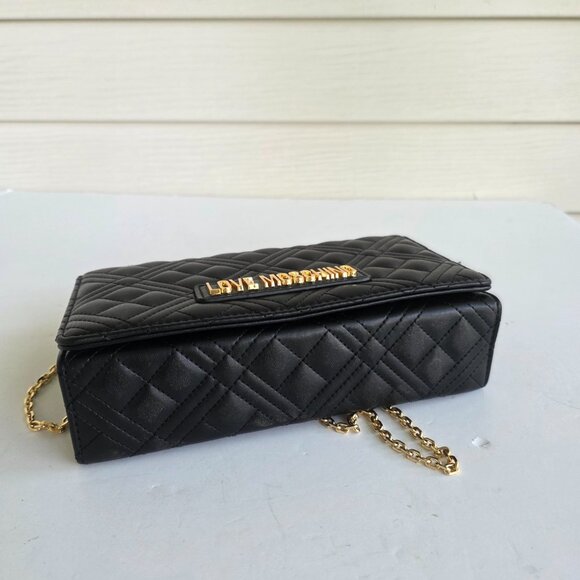 NWT Love Moschino Shiny Quilted chain strap black crossbody bag or clutch - Picture 7 of 12